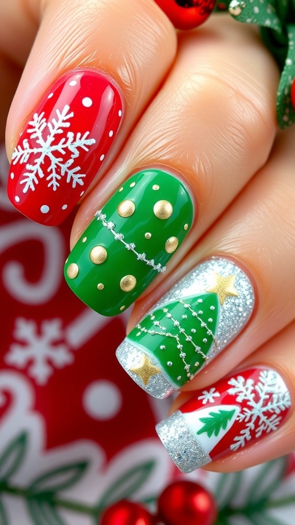 Festive Christmas Nail Art Designs Christmas nail art with red and green designs, snowflakes, and glitter on a festive background.